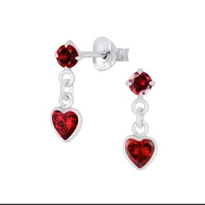 Sterling Silver 925 Drop Heart Earrings Cubic Zirconia Garnet Ruby Red Color